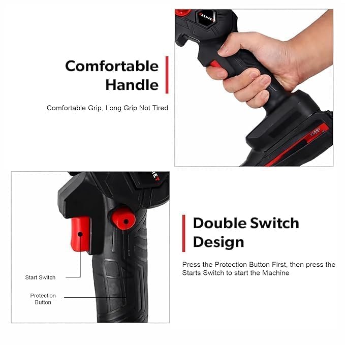 Compact chainsaw shown with battery fitted