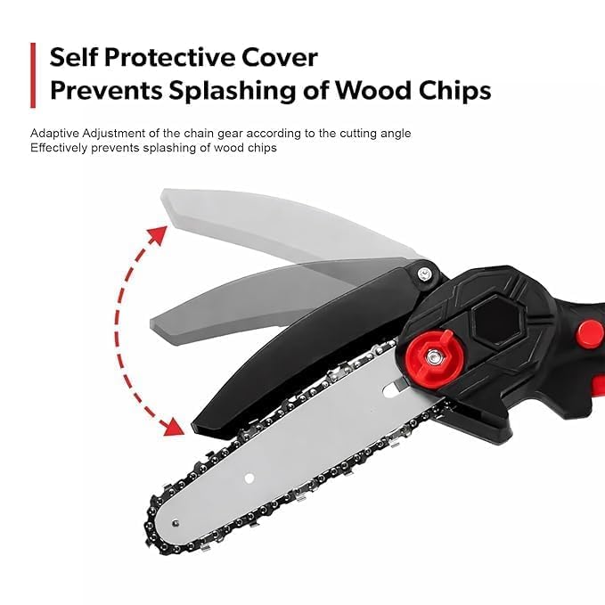 Mini chainsaw handle and trigger lock close-up