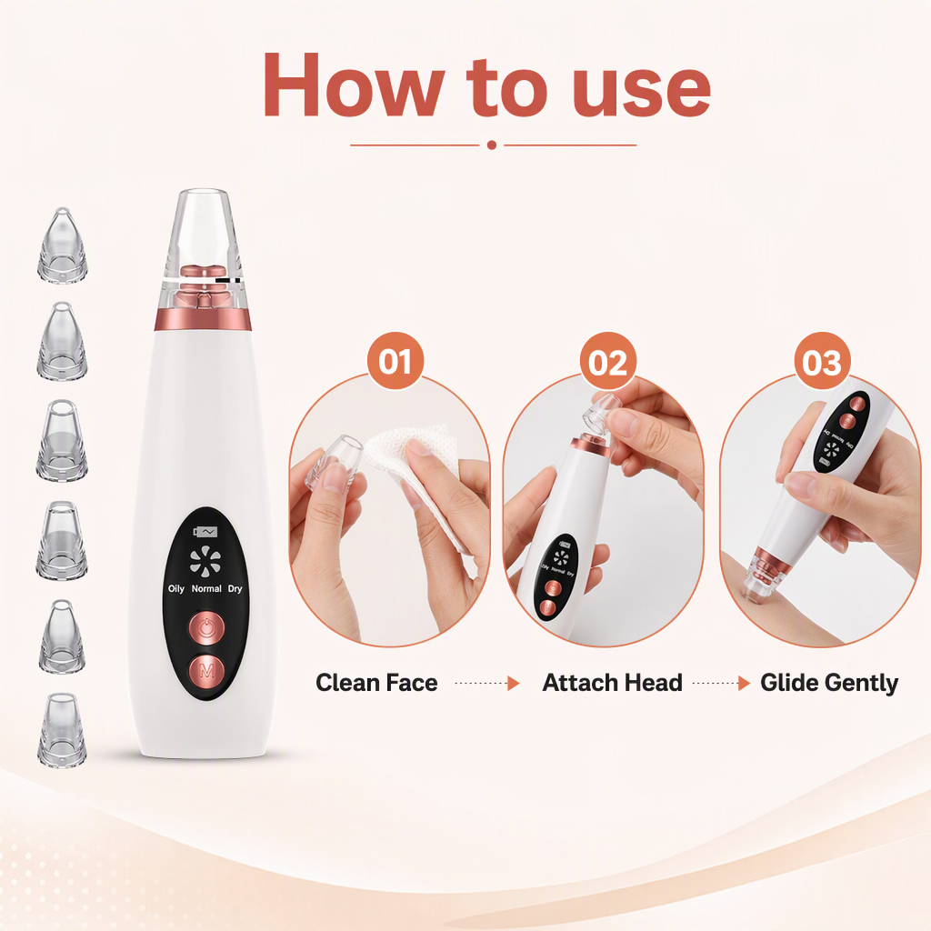Advanced Blackhead & Whitehead Remover Tool with 6 Suction Heads – steps