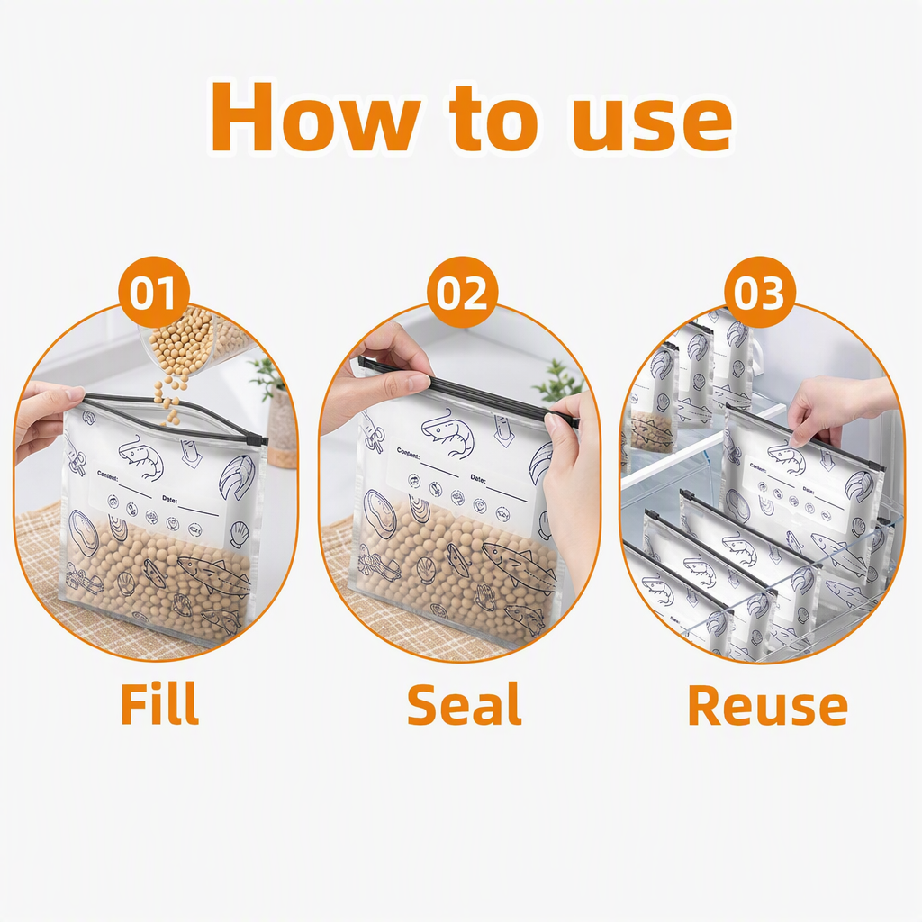 Reusable Foil Zip Lock Vacuum Food Storage Bag(Pack of 20) – steps