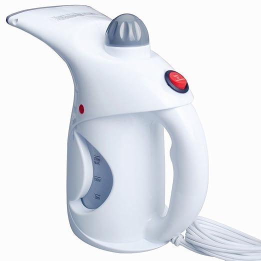 Portable fabric steamer used on a shirt